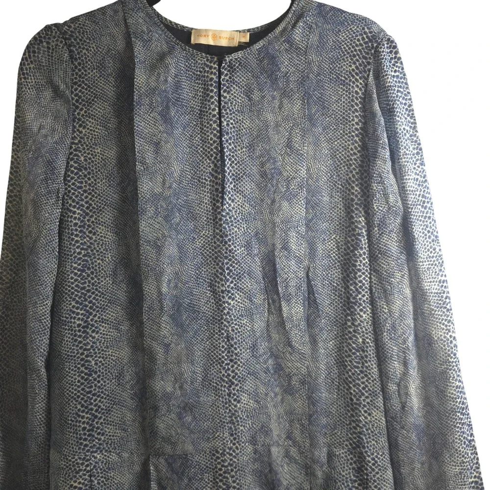 Tory Burch 10 Blue Silk Snakeskin Print Long Sleeve Shift‎ Dress Minimalist Work